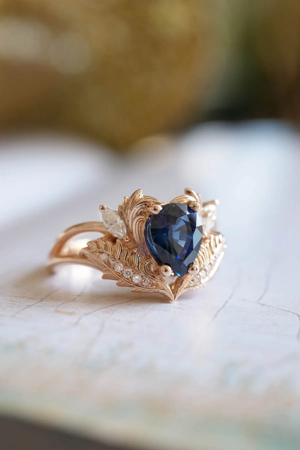 Royal blue sapphire engagement ring, gold nature inspired ring with diamonds / Adonis