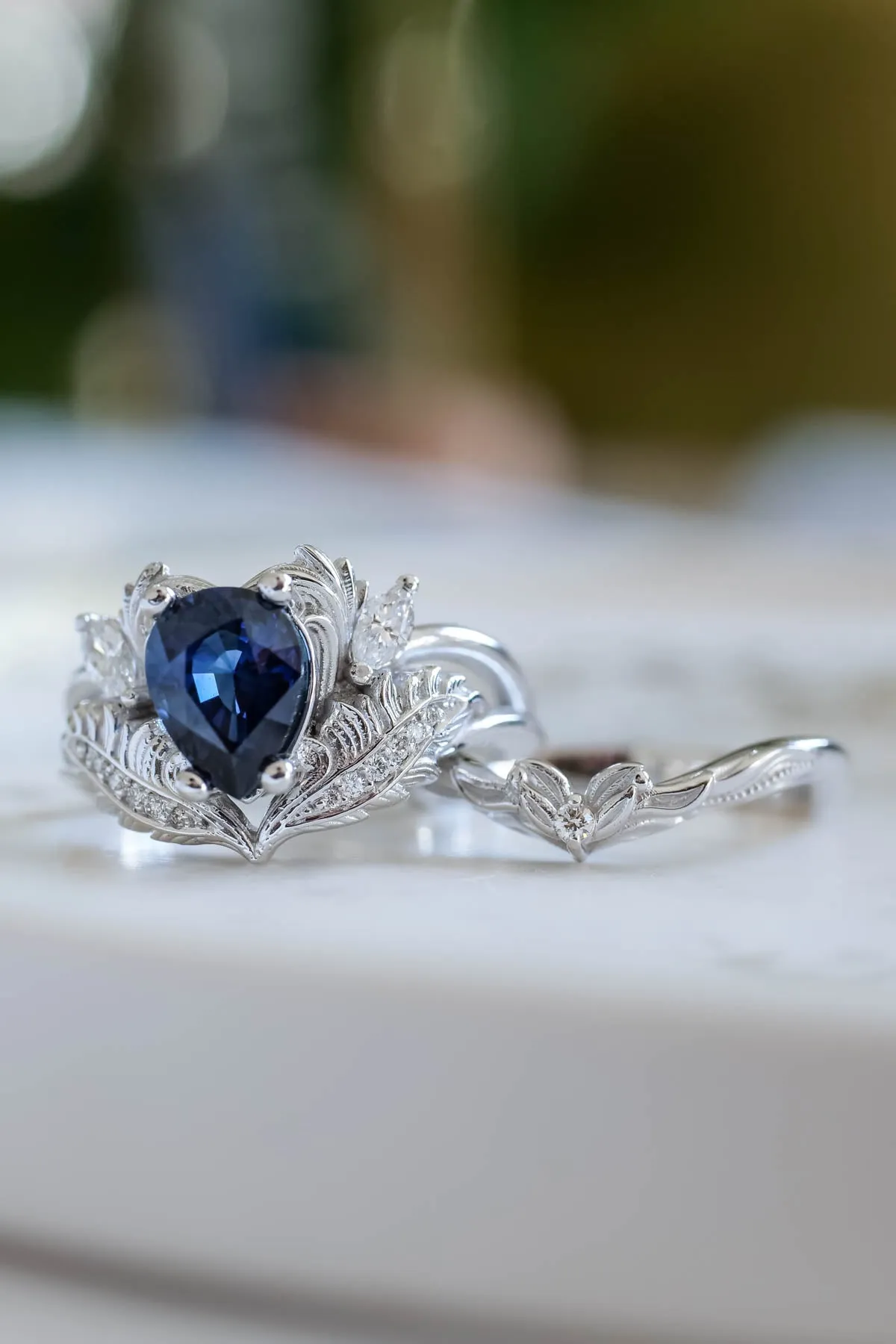 Royal blue sapphire engagement ring, gold nature inspired ring with diamonds / Adonis