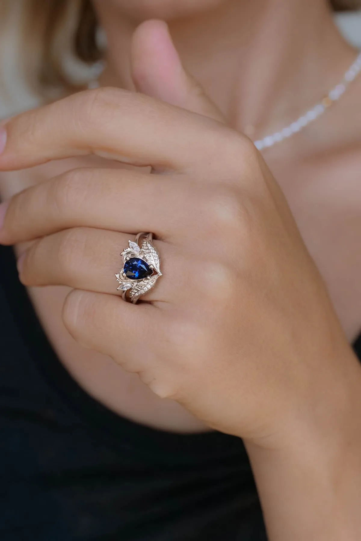 Royal blue sapphire engagement ring, gold nature inspired ring with diamonds / Adonis