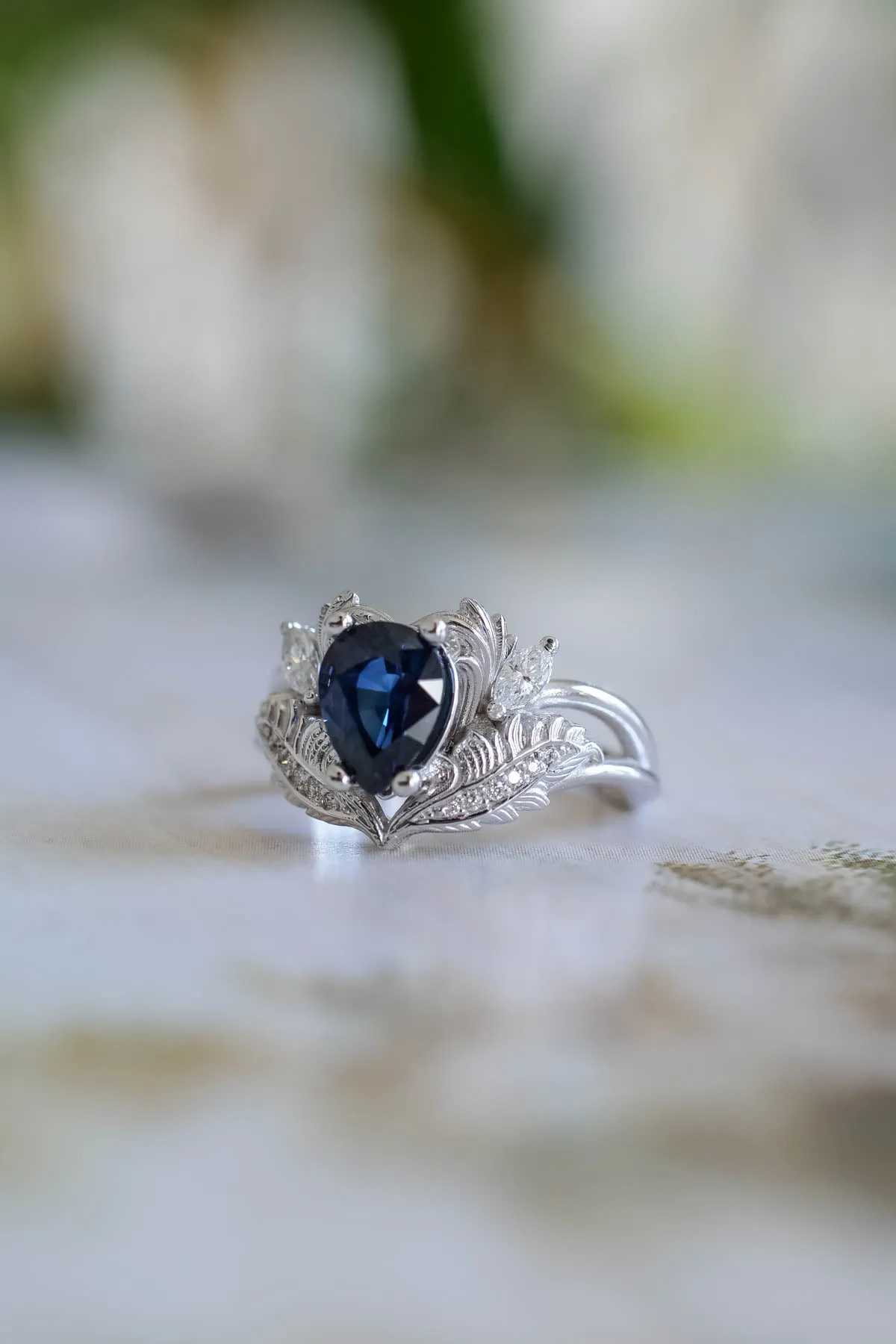 Royal blue sapphire engagement ring, gold nature inspired ring with diamonds / Adonis