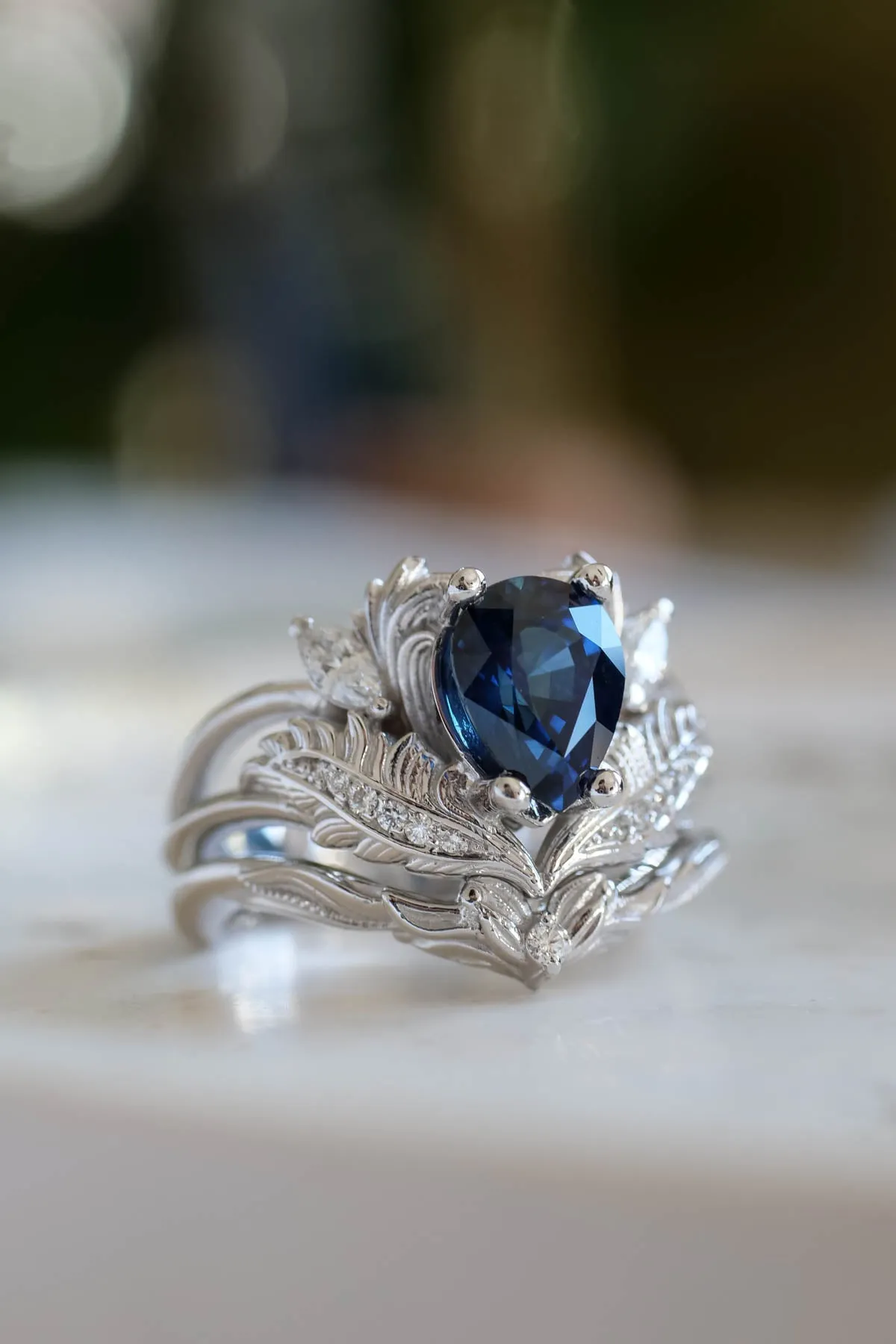 Royal blue sapphire engagement ring, gold nature inspired ring with diamonds / Adonis