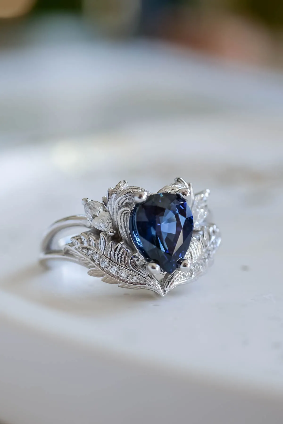 Royal blue sapphire engagement ring, gold nature inspired ring with diamonds / Adonis