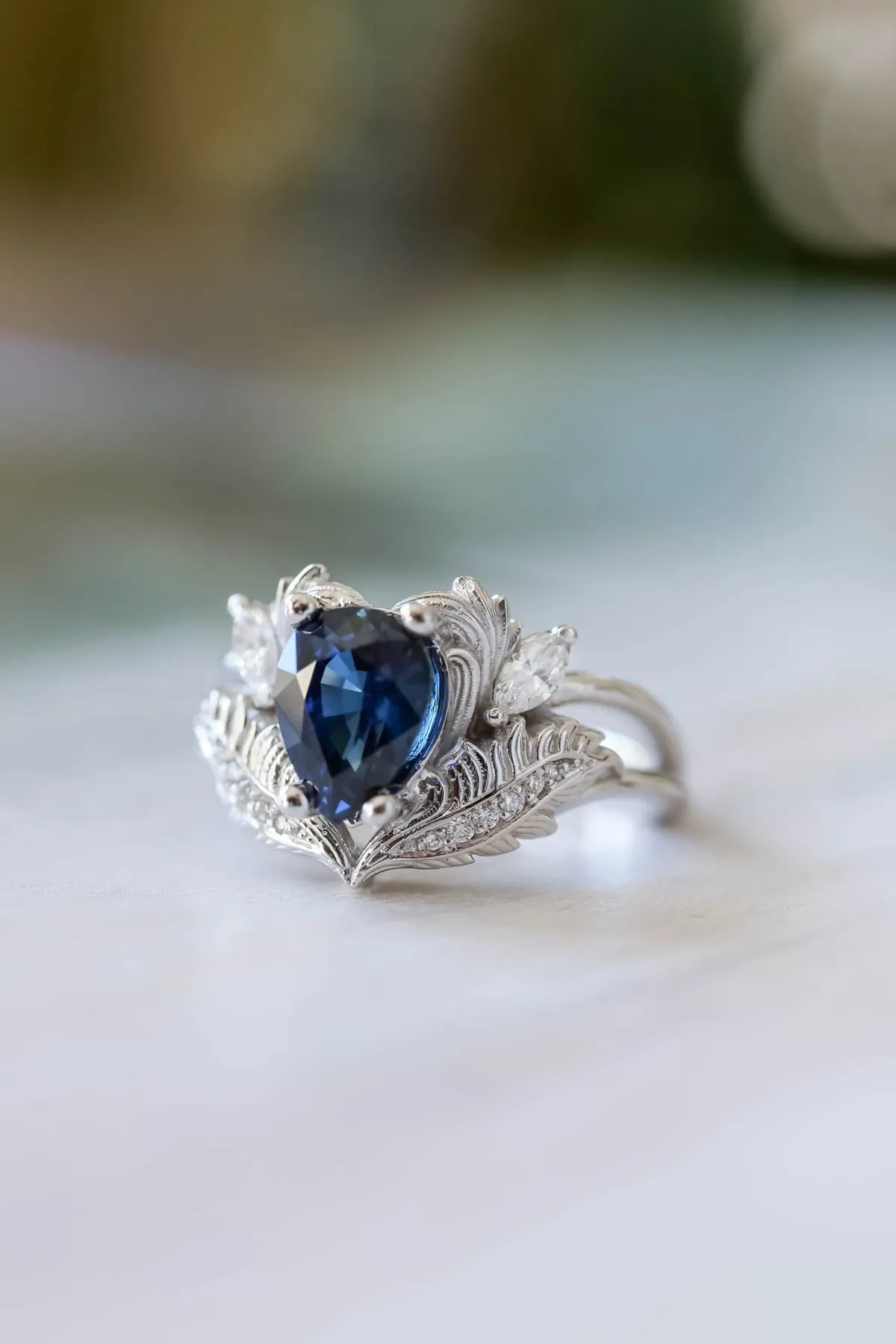 Royal blue sapphire engagement ring, gold nature inspired ring with diamonds / Adonis