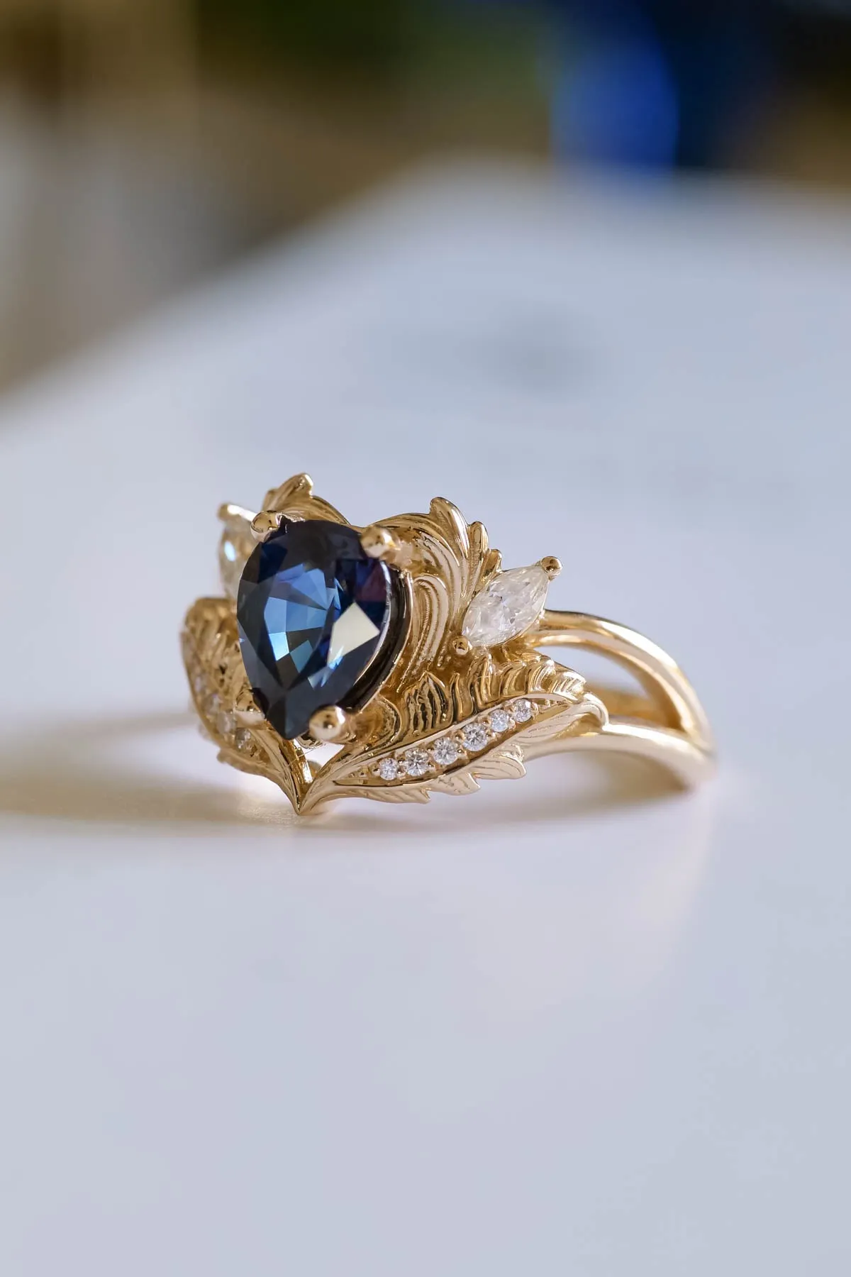 Royal blue sapphire engagement ring, gold nature inspired ring with diamonds / Adonis