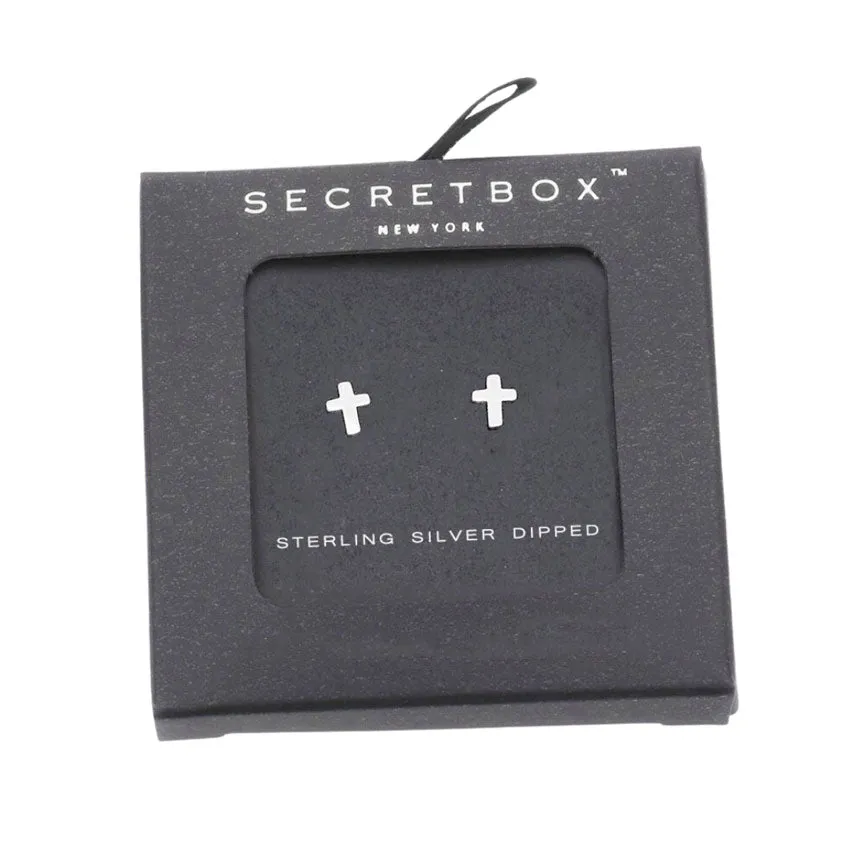 Secret Box Sterling Silver Dipped Metal Cross Stud Earrings