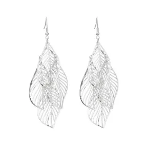 Silver Cut Out Leaf Long Dangle Earrings