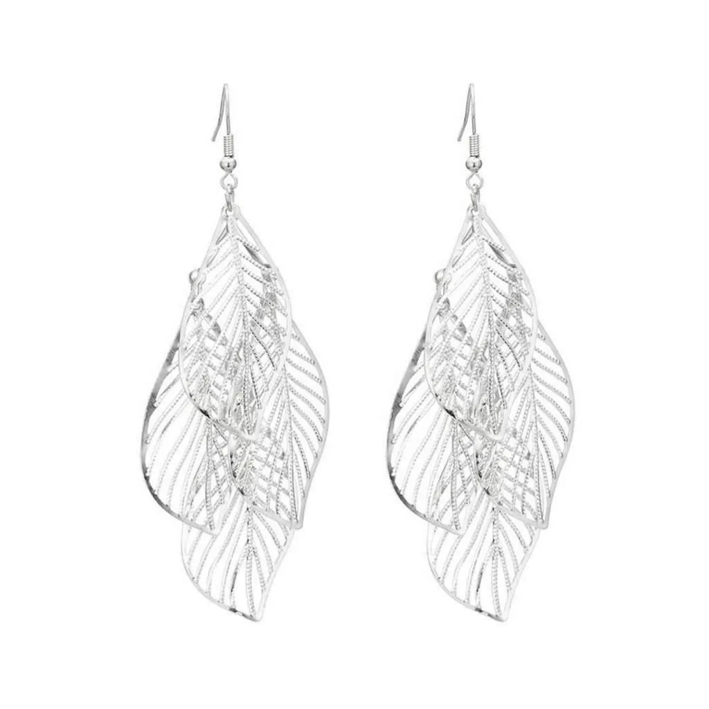 Silver Cut Out Leaf Long Dangle Earrings