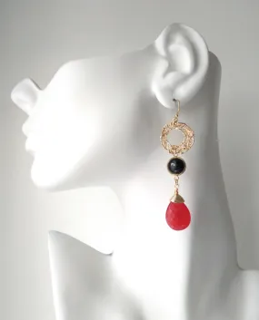 Sinamay with Black Agate and Red Jade Drop Earrings