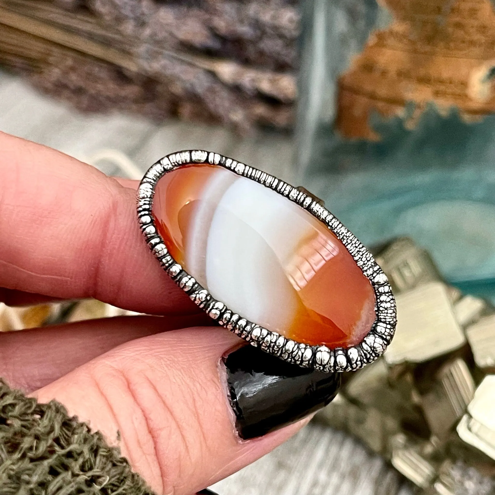 Size 7 Red Banded Agate Crystal Statement Ring in Fine Silver / Large Crystal Ring Big Statement Ring