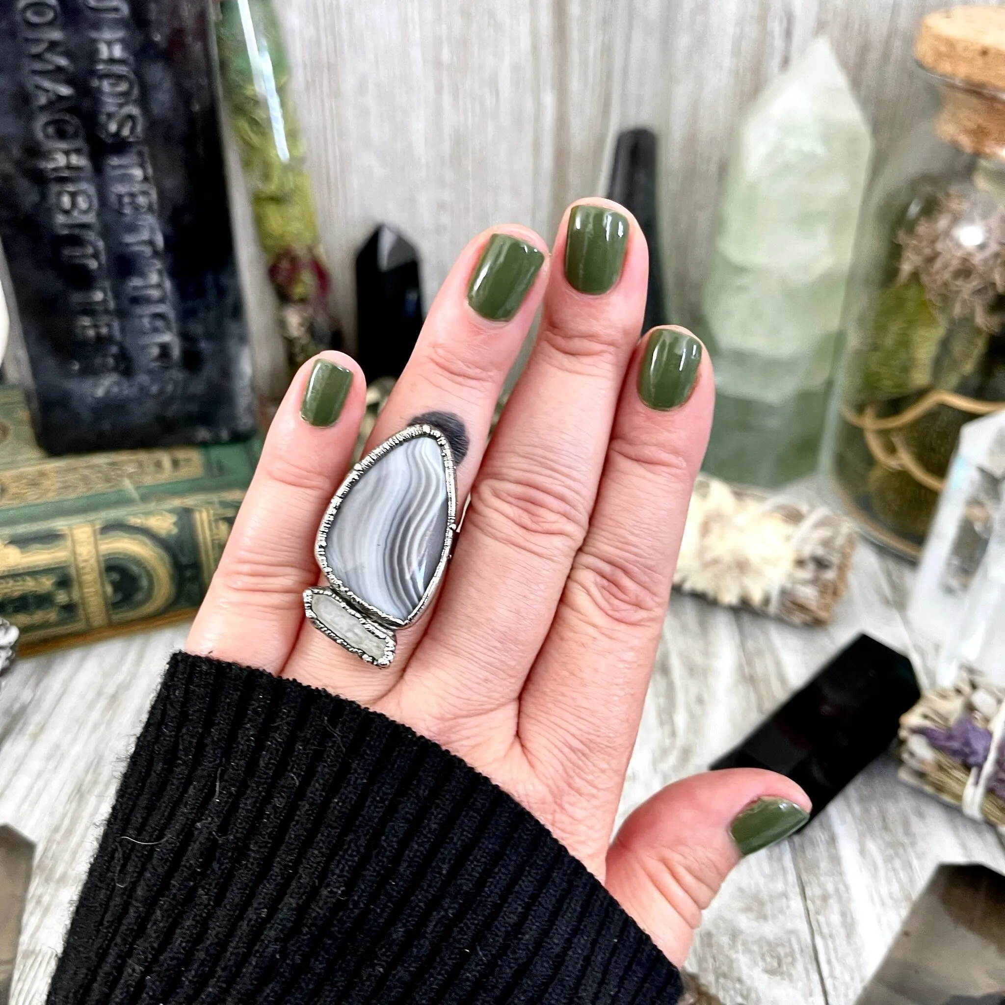 Size 7 Two Stone Ring- Banded Agate Clear Quartz Crystal Ring Fine Silver / Foxlark Collection - One of a Kind