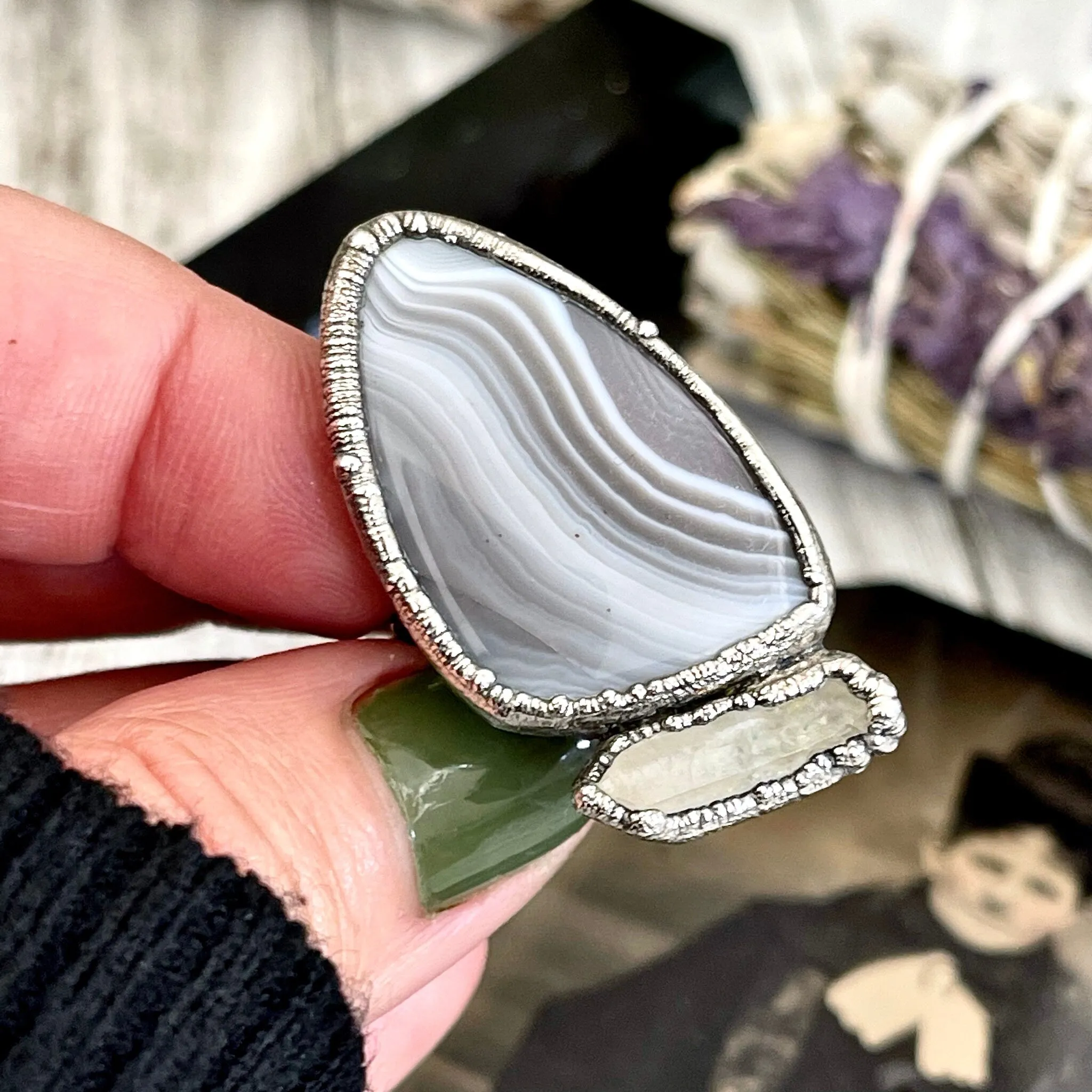 Size 7 Two Stone Ring- Banded Agate Clear Quartz Crystal Ring Fine Silver / Foxlark Collection - One of a Kind