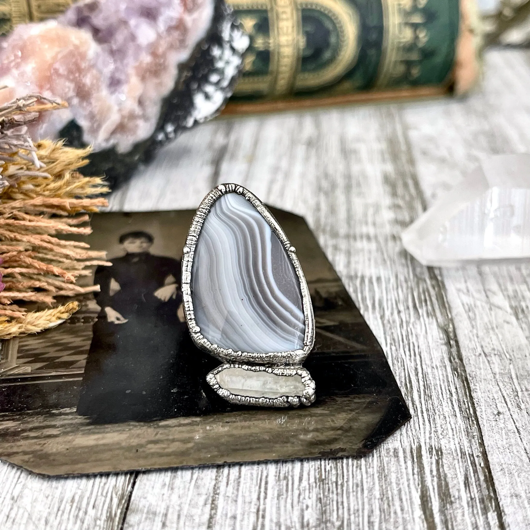 Size 7 Two Stone Ring- Banded Agate Clear Quartz Crystal Ring Fine Silver / Foxlark Collection - One of a Kind