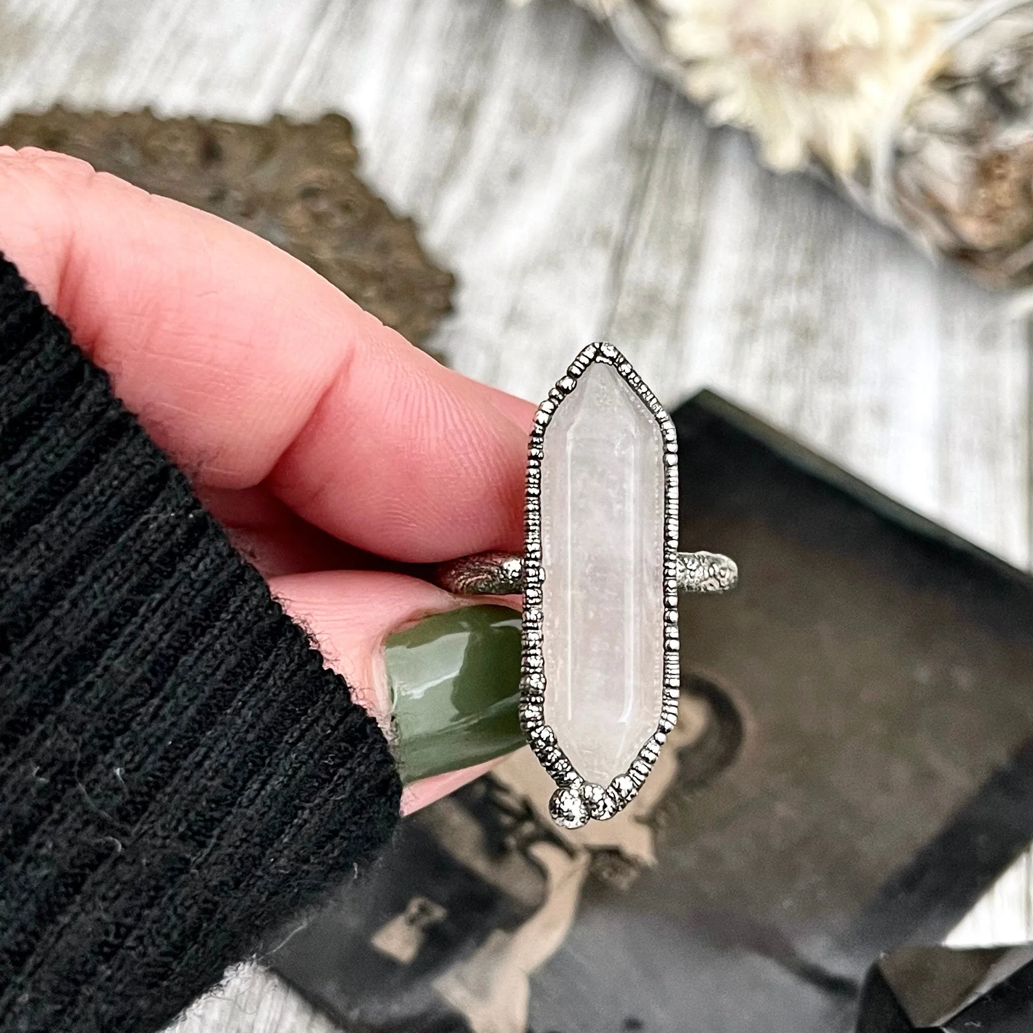 Size 8 Pink Rose Quartz Crystal Point Ring in Fine Silver / Foxlark Collection- One of a Kind