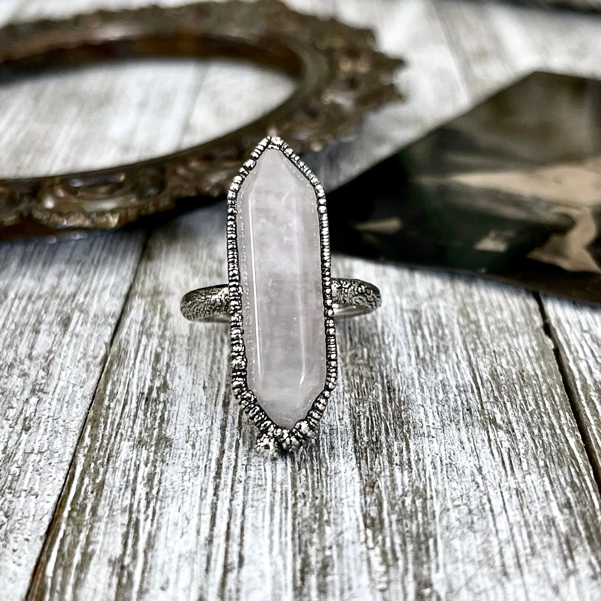 Size 8 Pink Rose Quartz Crystal Point Ring in Fine Silver / Foxlark Collection- One of a Kind