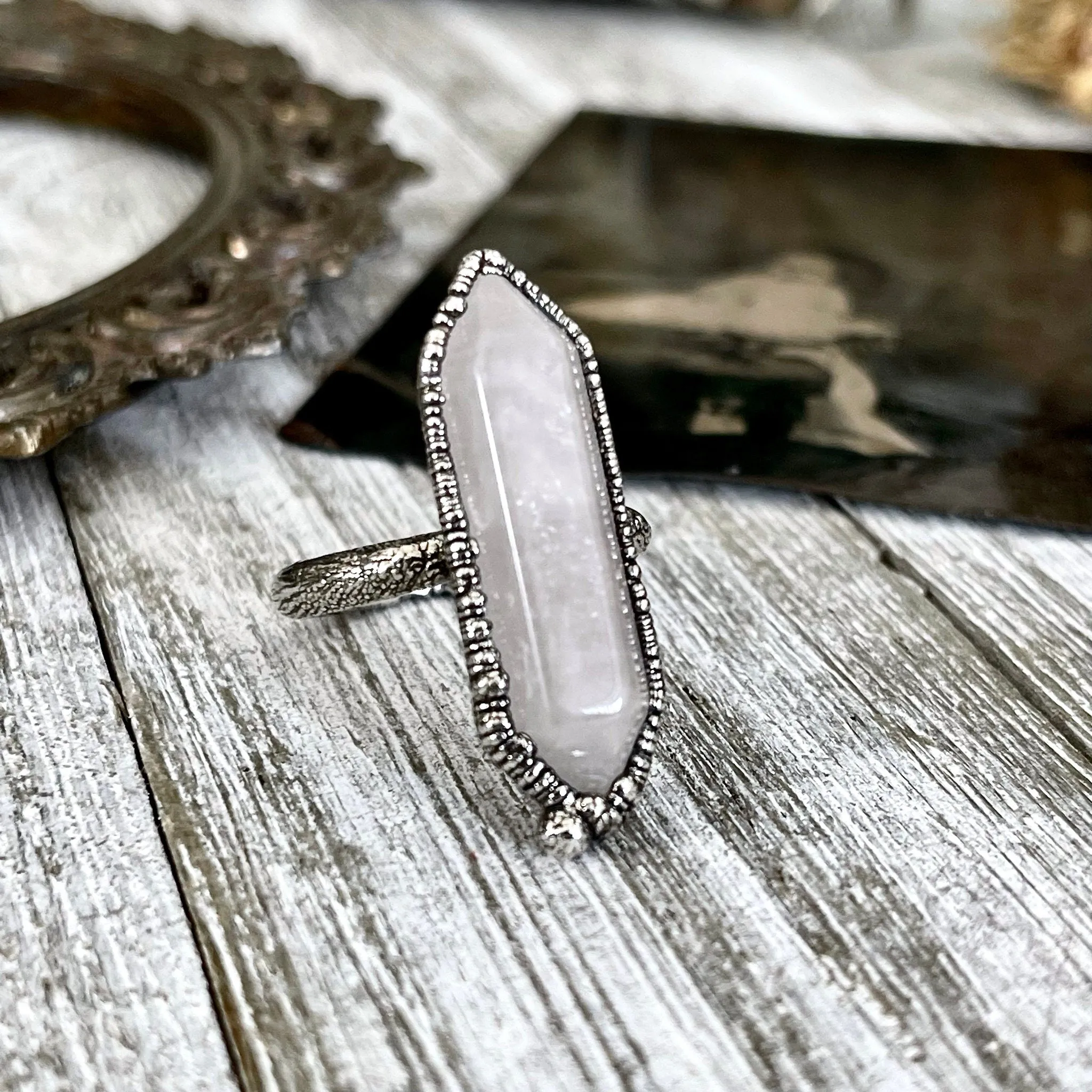 Size 8 Pink Rose Quartz Crystal Point Ring in Fine Silver / Foxlark Collection- One of a Kind