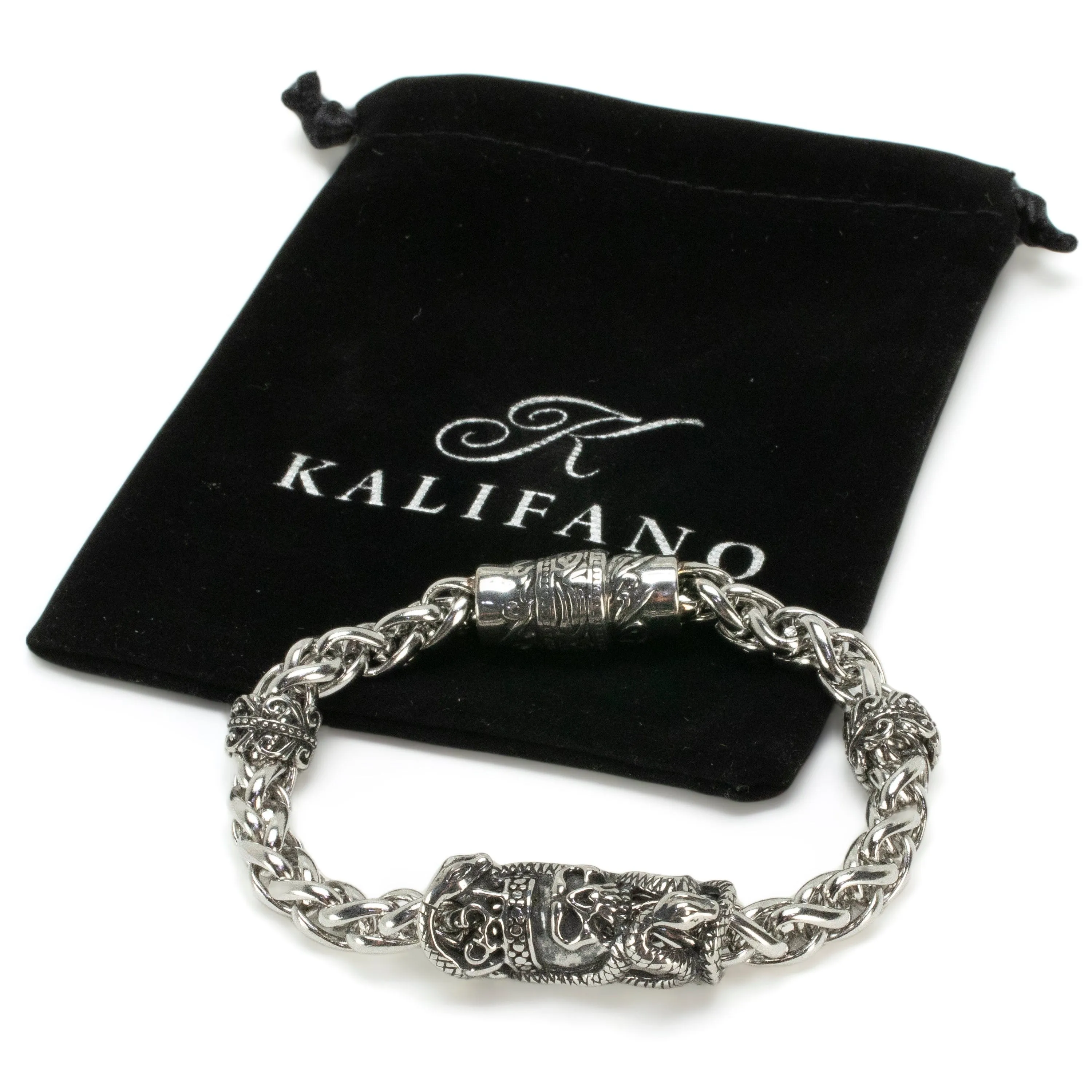 Stainless Steel Bracelet with Skulls and Snakes