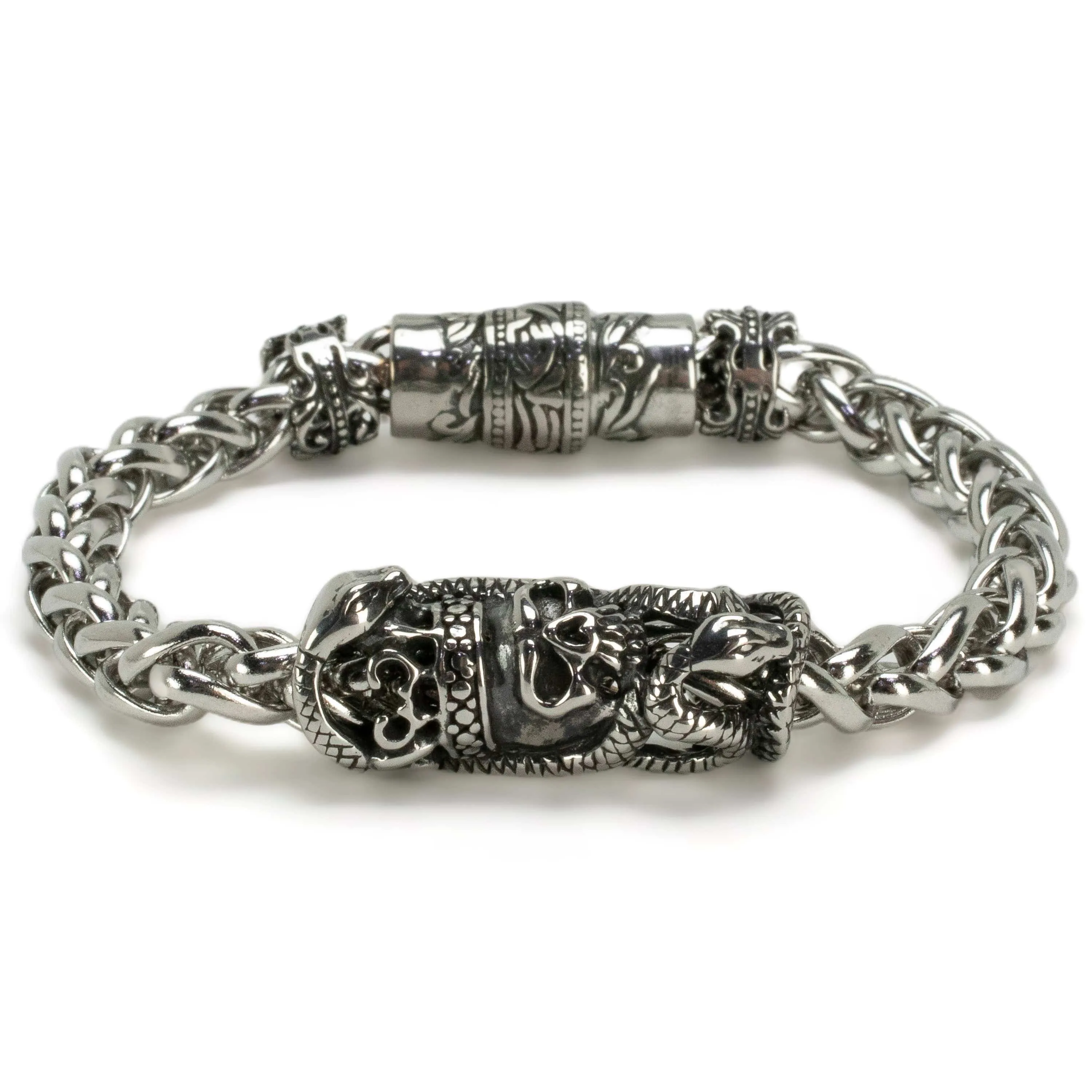 Stainless Steel Bracelet with Skulls and Snakes