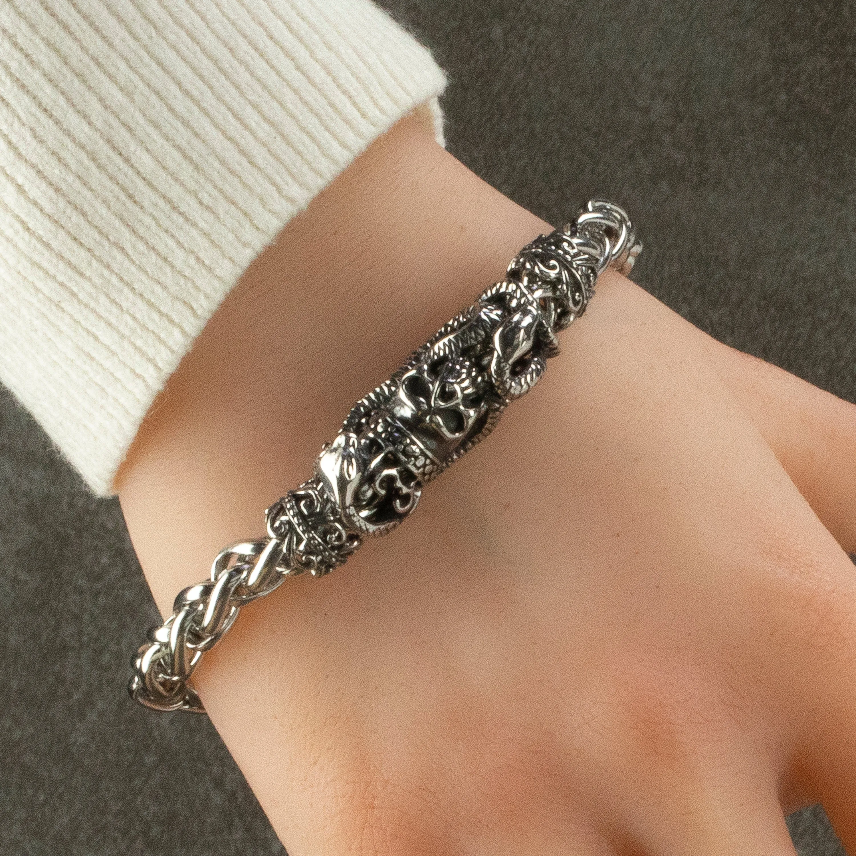 Stainless Steel Bracelet with Skulls and Snakes