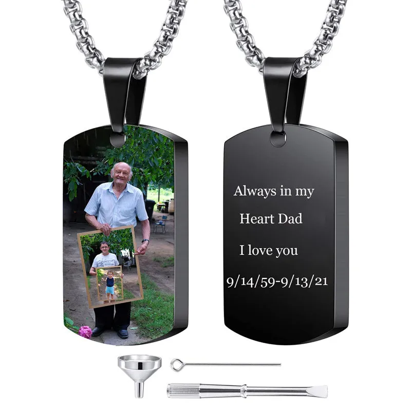 Stainless Steel  Personalized Dog Tag Cremation Pendant Urn Necklace Customized Engraving Photo for Ashes Holder Memorial Keepsake Funnel Jewelry