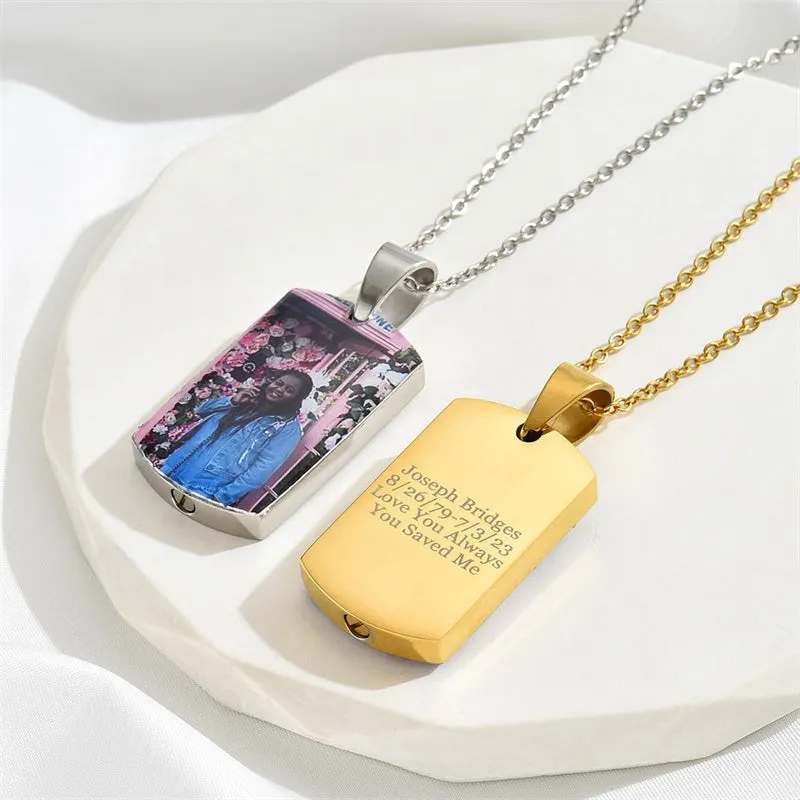 Stainless Steel  Personalized Dog Tag Cremation Pendant Urn Necklace Customized Engraving Photo for Ashes Holder Memorial Keepsake Funnel Jewelry