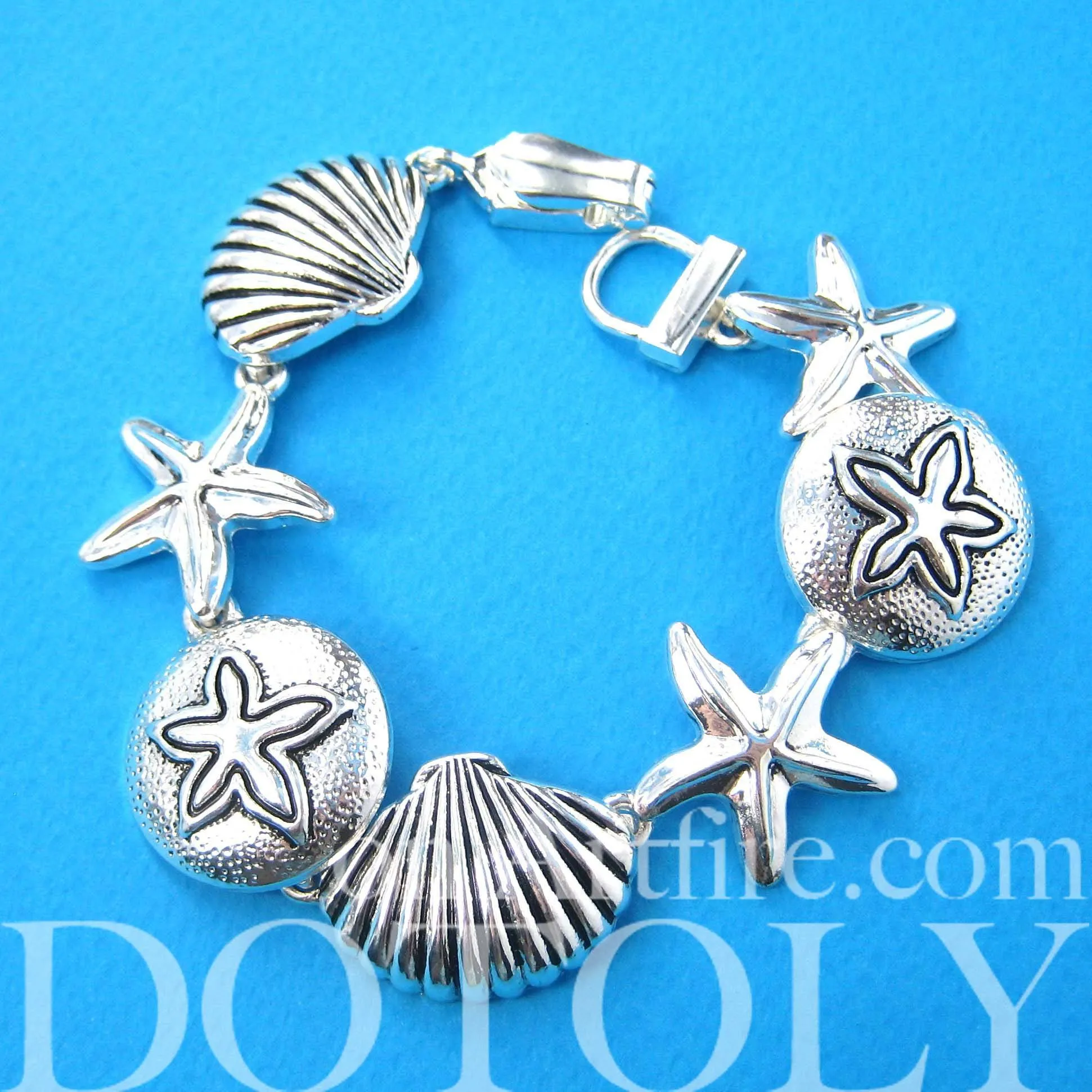 Starfish and Seashells Themed Charm Bracelet in Silver