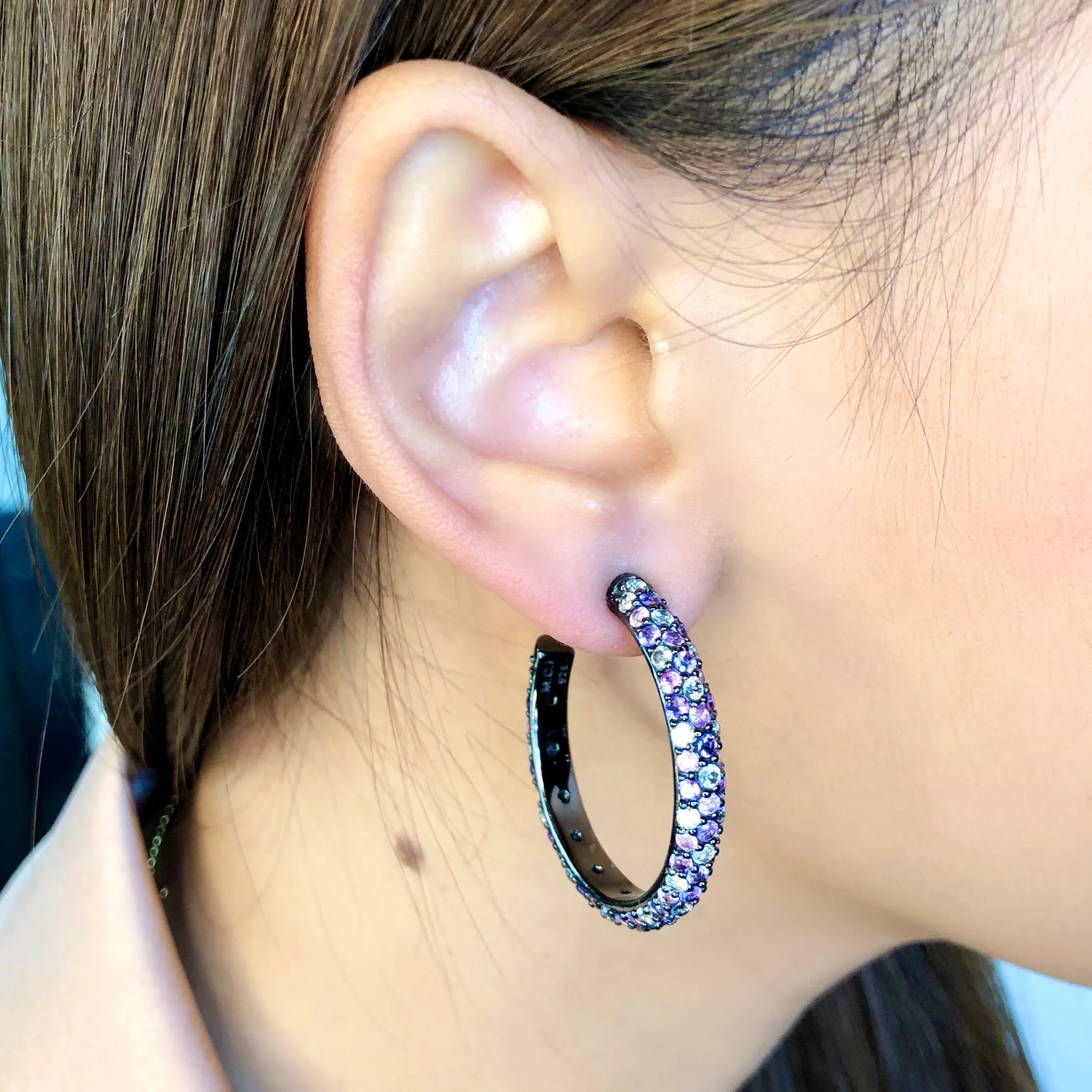 Sterling Silver Hoop Earrings with Mixed Rose Sapphires