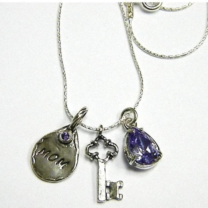 Sterling Silver necklace for mom / amethyst zircon key necklace