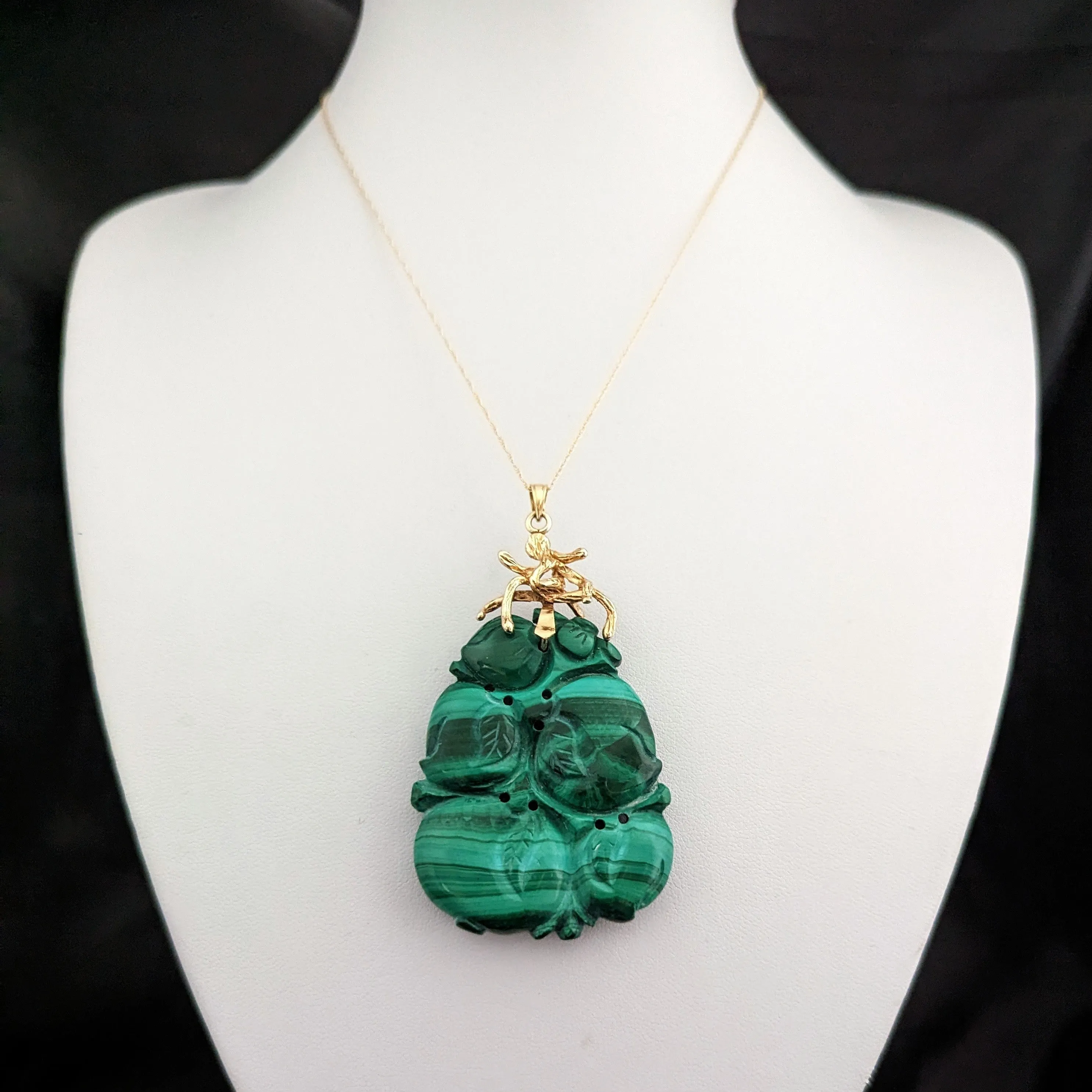 The Tomah - Vintage Carved Malachite 14k Yellow Gold Oversize Pendant c.1970s