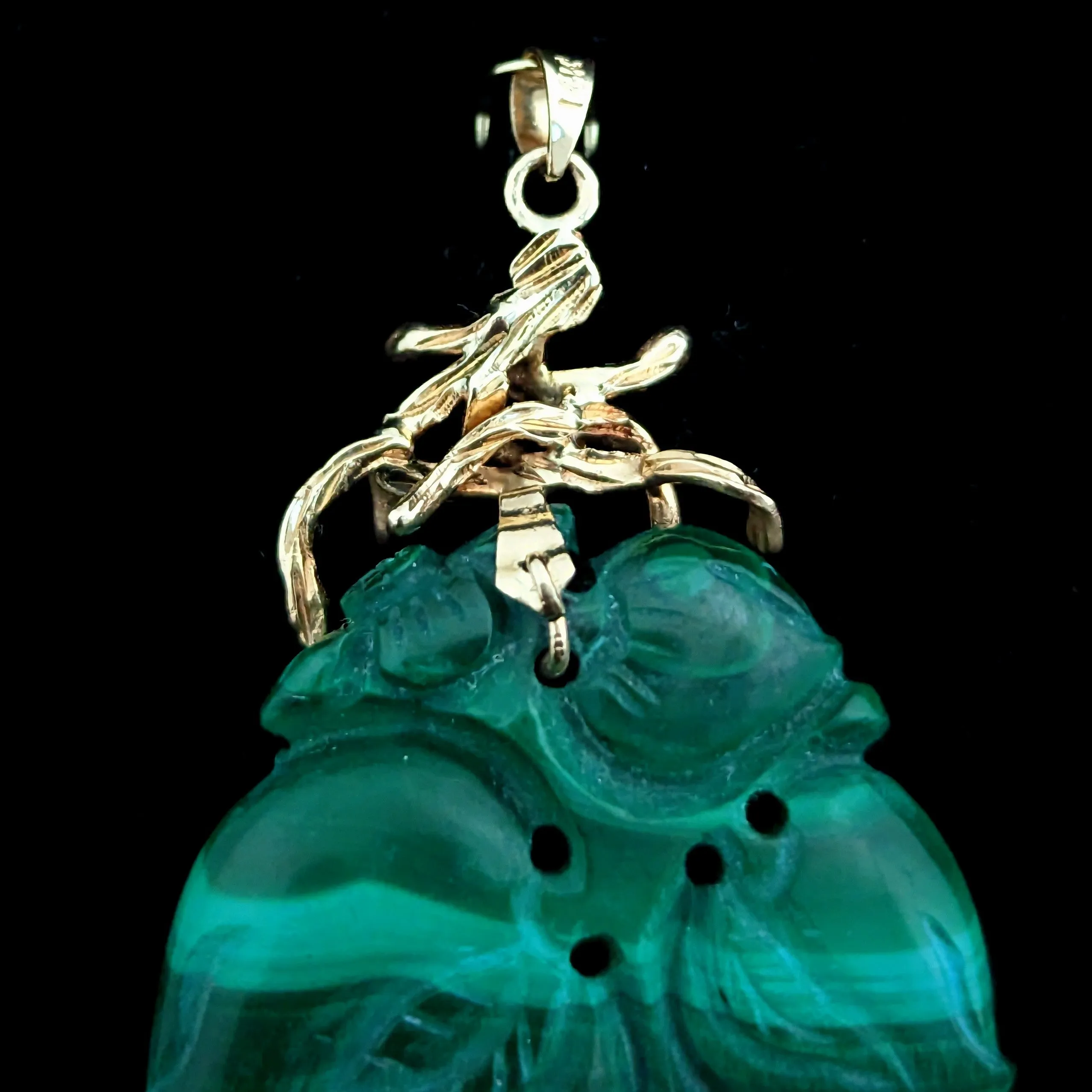 The Tomah - Vintage Carved Malachite 14k Yellow Gold Oversize Pendant c.1970s