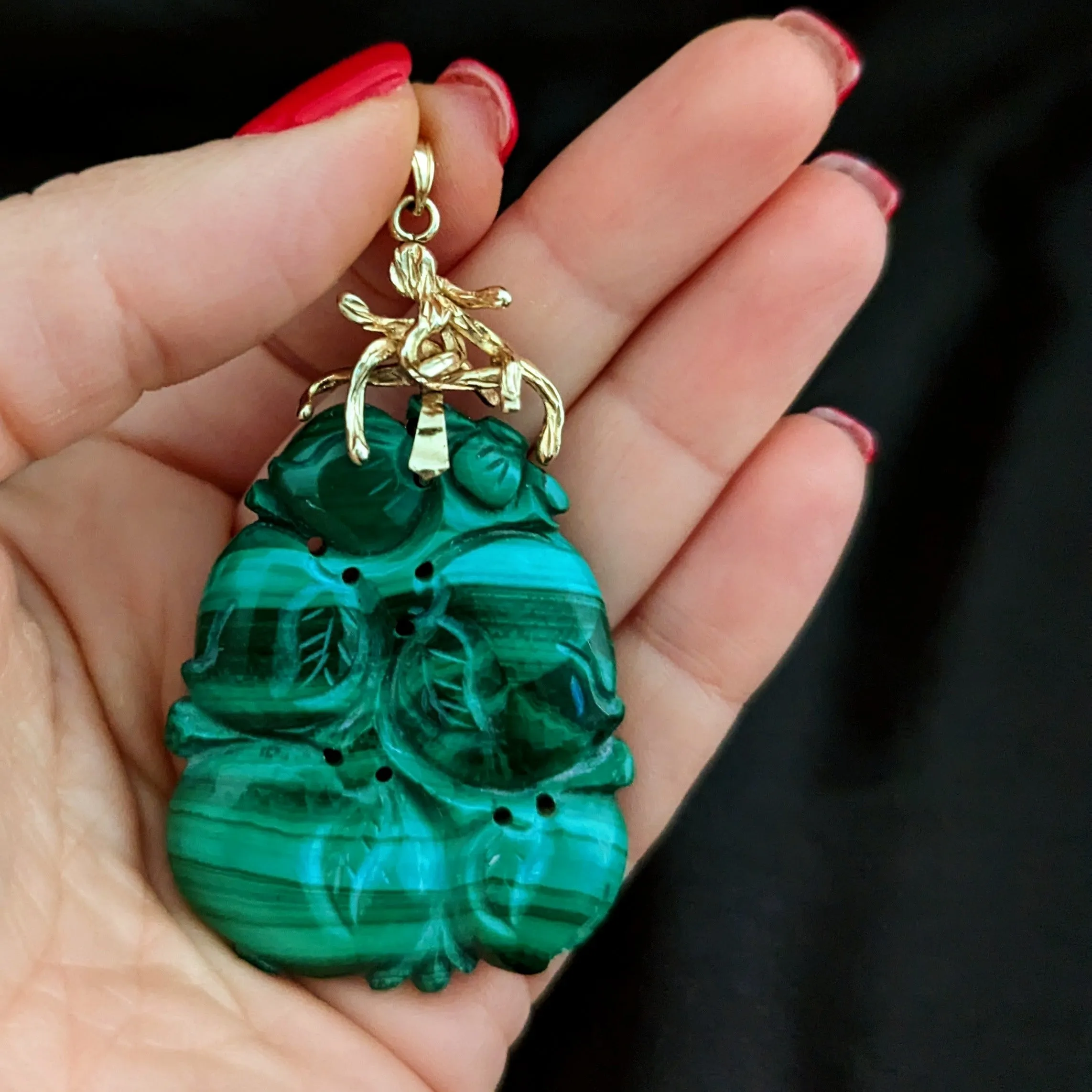 The Tomah - Vintage Carved Malachite 14k Yellow Gold Oversize Pendant c.1970s