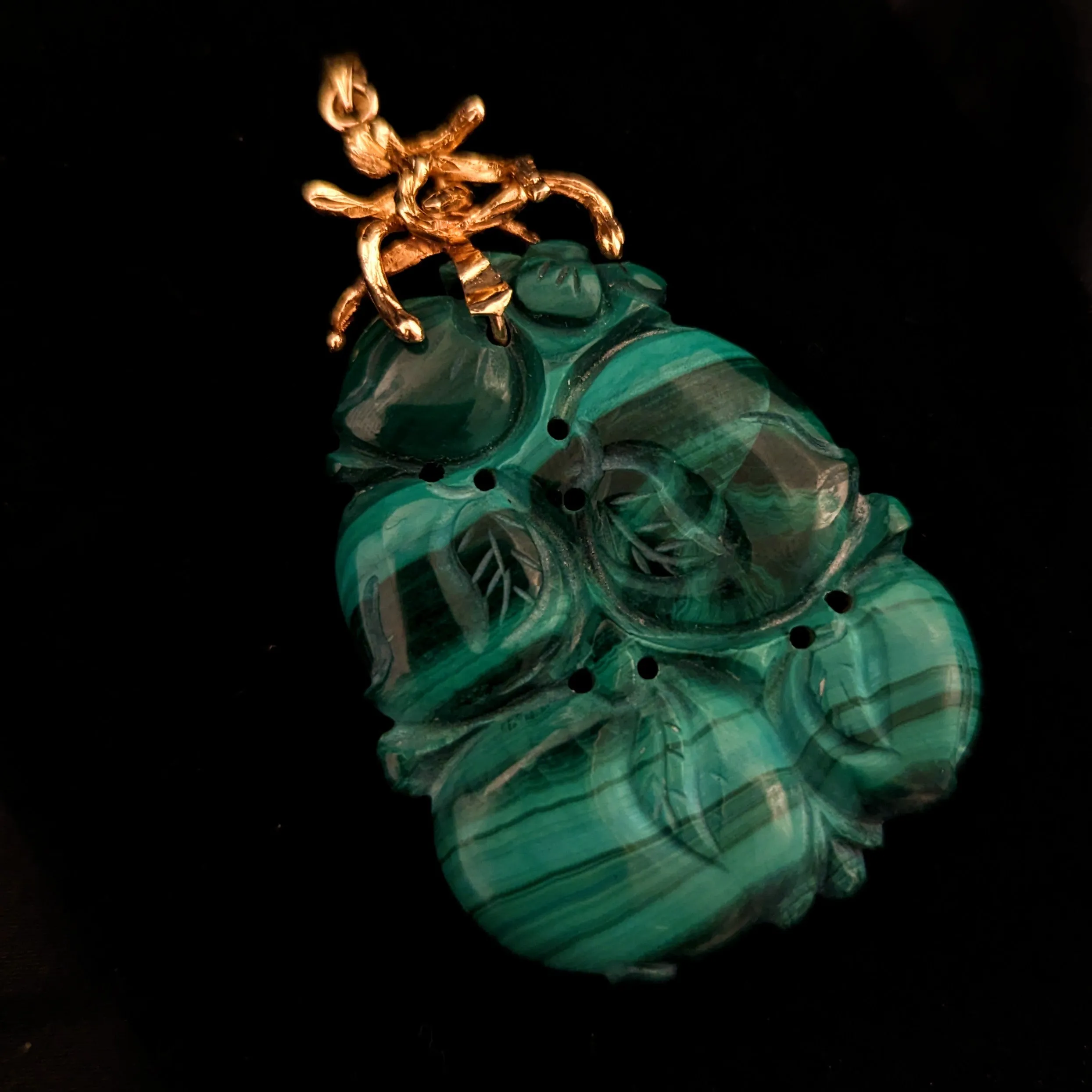 The Tomah - Vintage Carved Malachite 14k Yellow Gold Oversize Pendant c.1970s