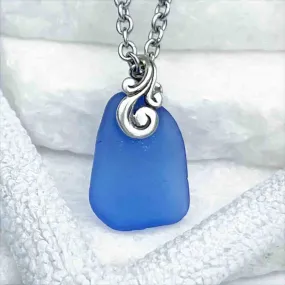 Tiny Blue Sea Glass Pendant on Sterling Silver | #5194