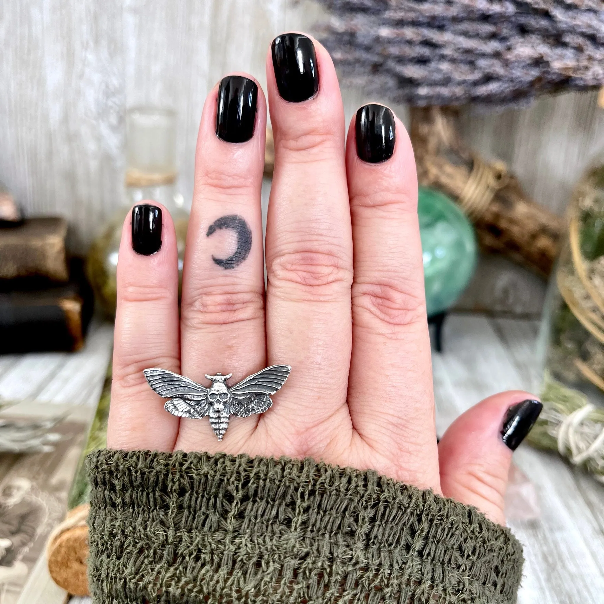 Tiny Talismans Collection- Death's Head Moth Ring in Sterling Silver Size 7 8 9 / Curated Collection