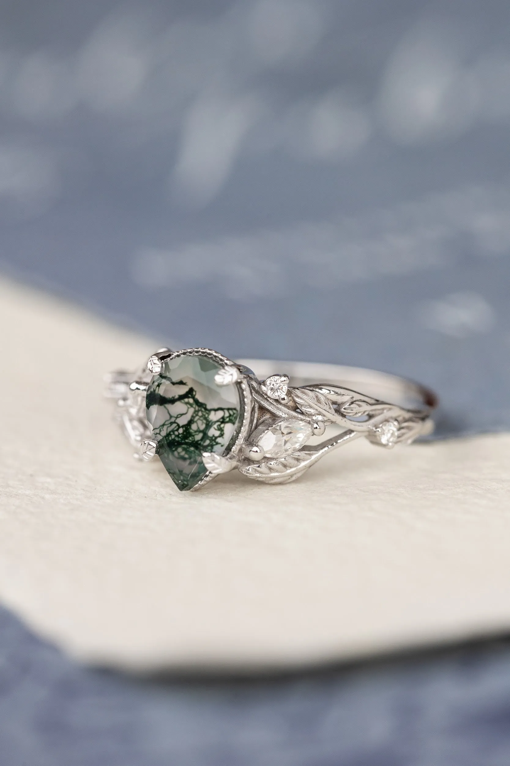 Unique moss agate engagement ring with diamonds, nature themed leaves and diamonds ring / Patricia