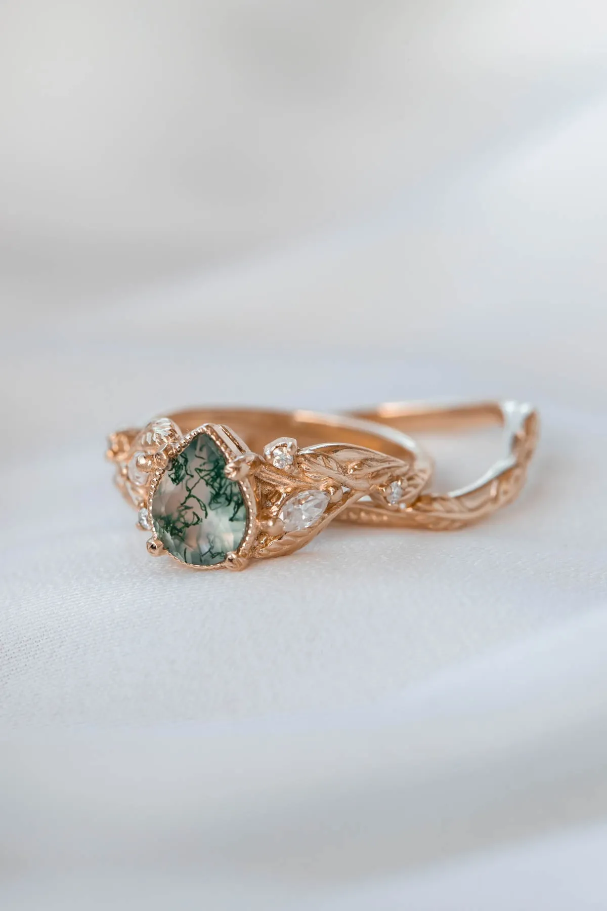 Unique moss agate engagement ring with diamonds, nature themed leaves and diamonds ring / Patricia