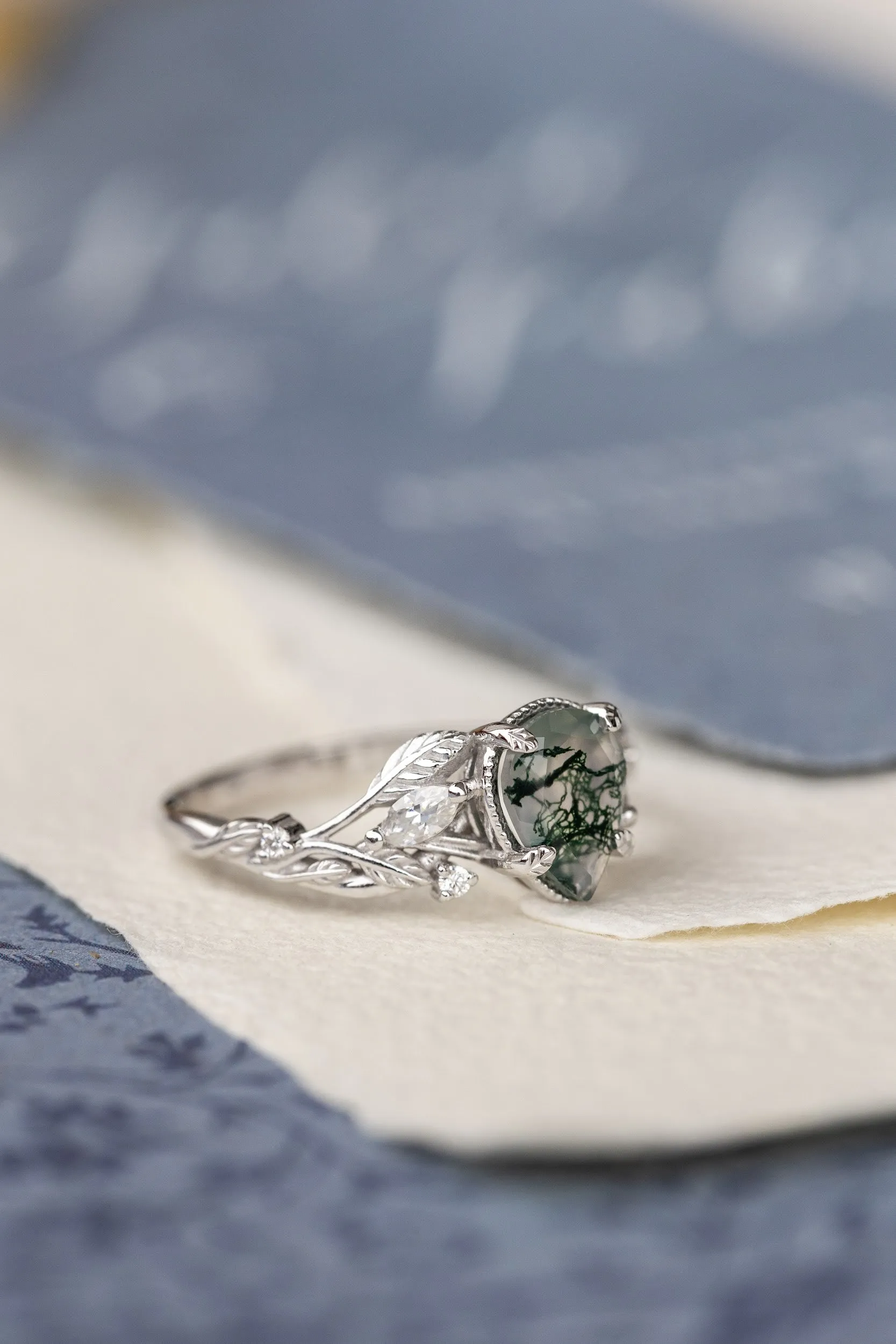 Unique moss agate engagement ring with diamonds, nature themed leaves and diamonds ring / Patricia