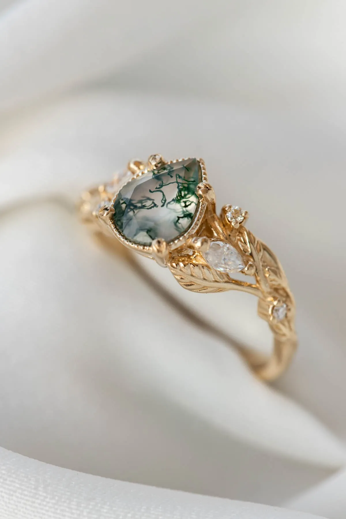 Unique moss agate engagement ring with diamonds, nature themed leaves and diamonds ring / Patricia