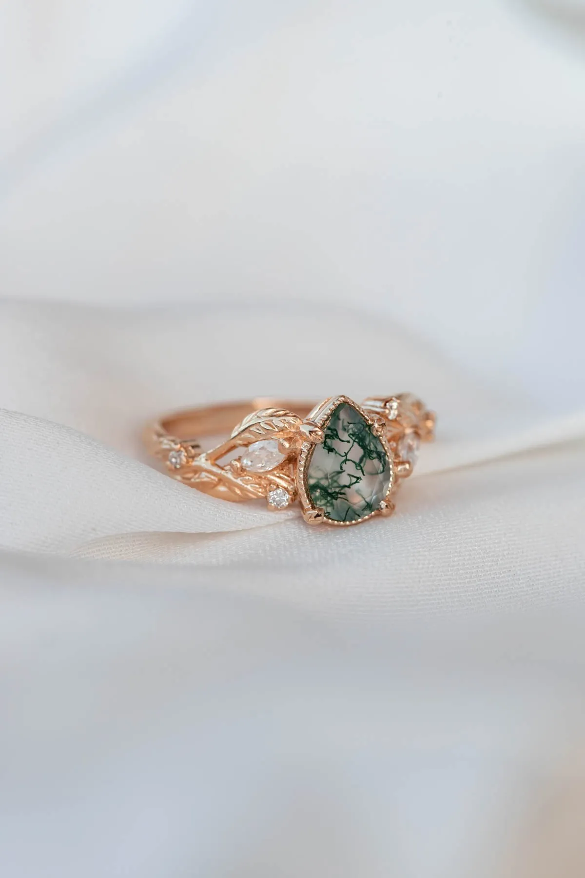 Unique moss agate engagement ring with diamonds, nature themed leaves and diamonds ring / Patricia