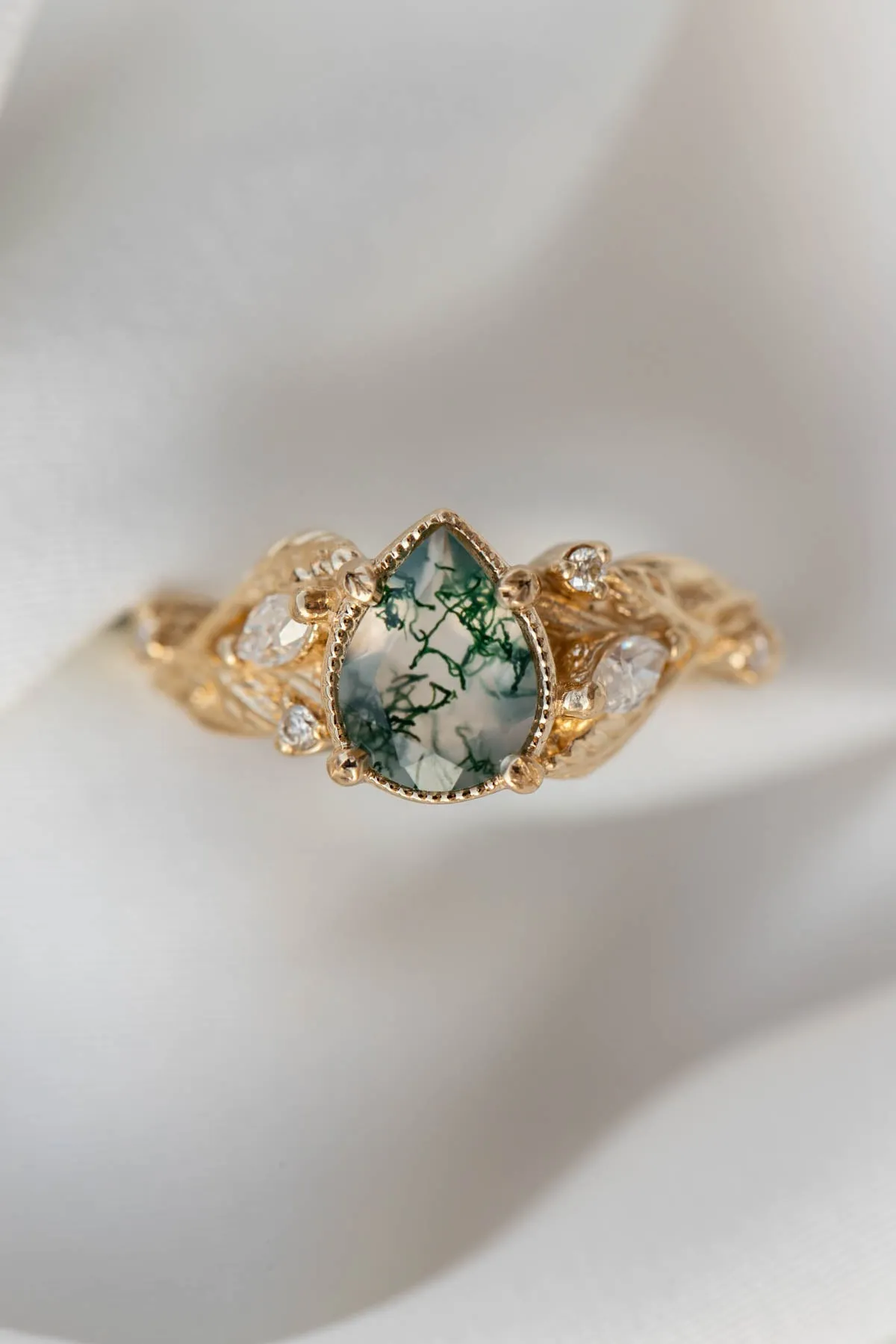 Unique moss agate engagement ring with diamonds, nature themed leaves and diamonds ring / Patricia