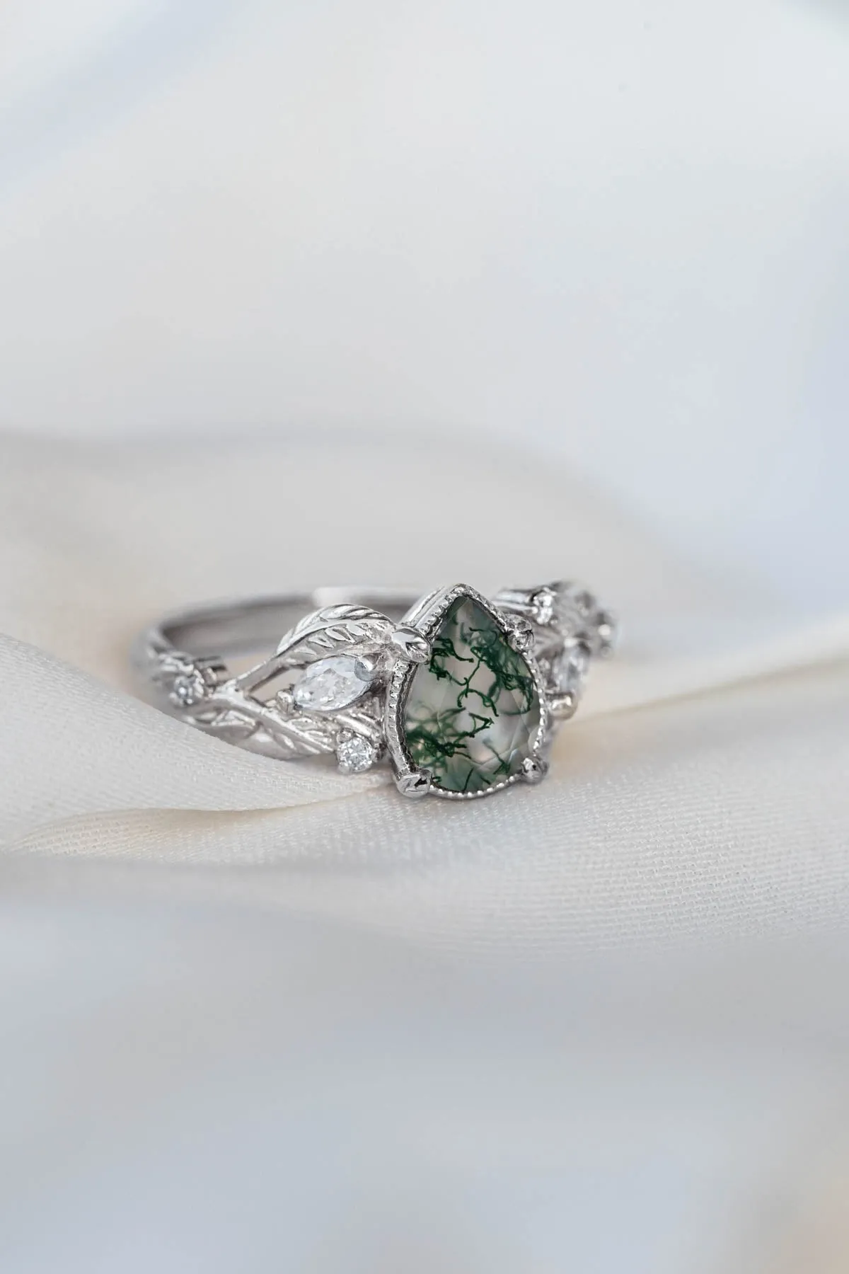 Unique moss agate engagement ring with diamonds, nature themed leaves and diamonds ring / Patricia