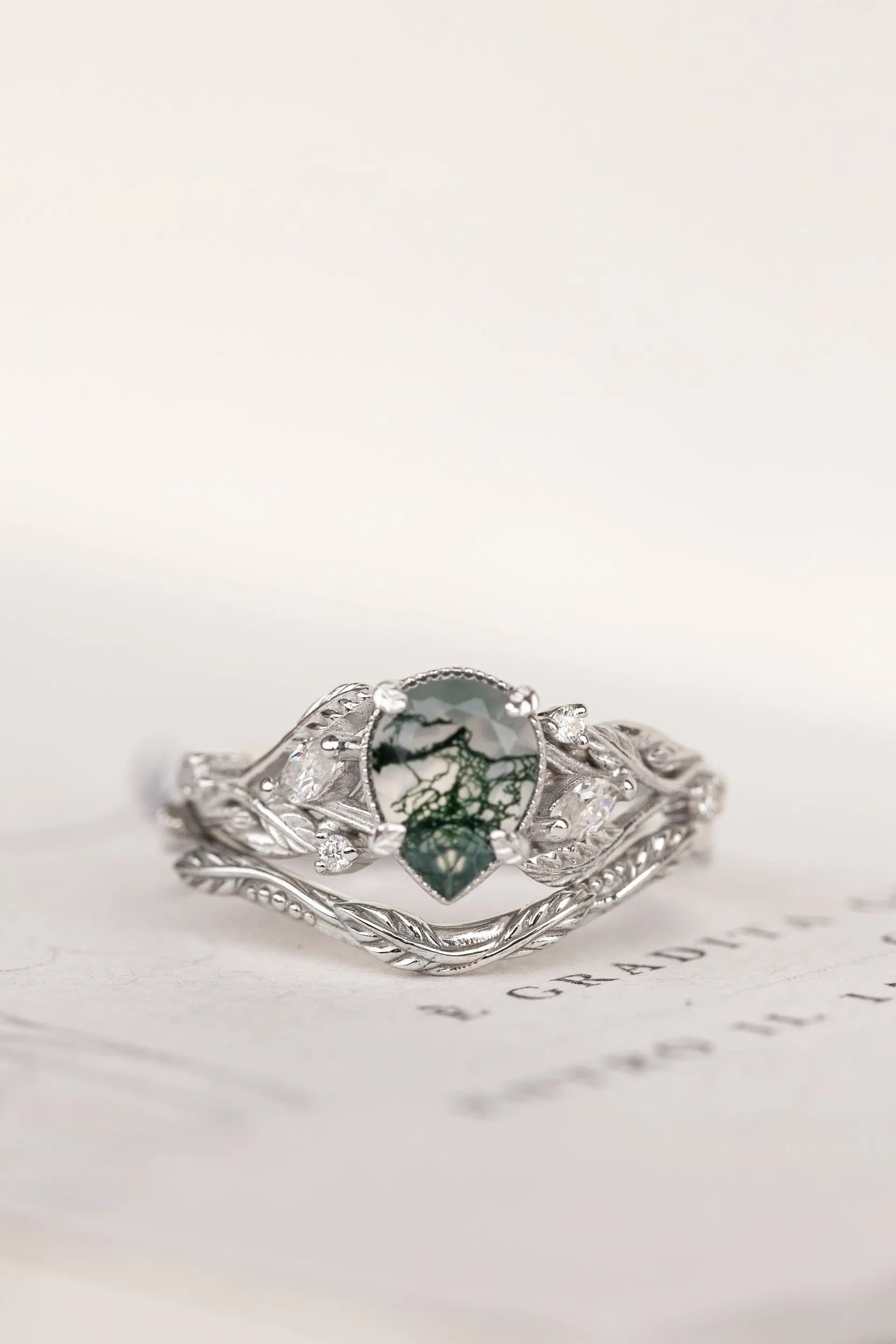 Unique moss agate engagement ring with diamonds, nature themed leaves and diamonds ring / Patricia