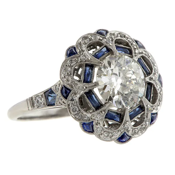 Vintage Engagement Ring with Sapphires, Old Euro 1.40ct.