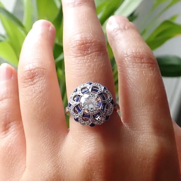 Vintage Engagement Ring with Sapphires, Old Euro 1.40ct.