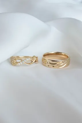 Wedding rings set for couples: gold band for him, infinity band with diamonds for her