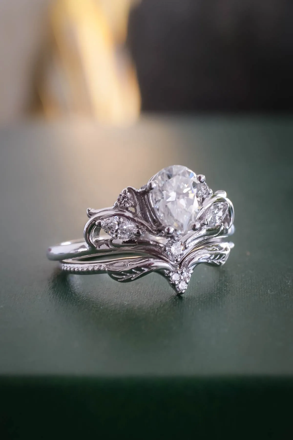 White gold engagement ring with pear cut lab grown diamond, white gold proposal ring with diamonds / Swanlake