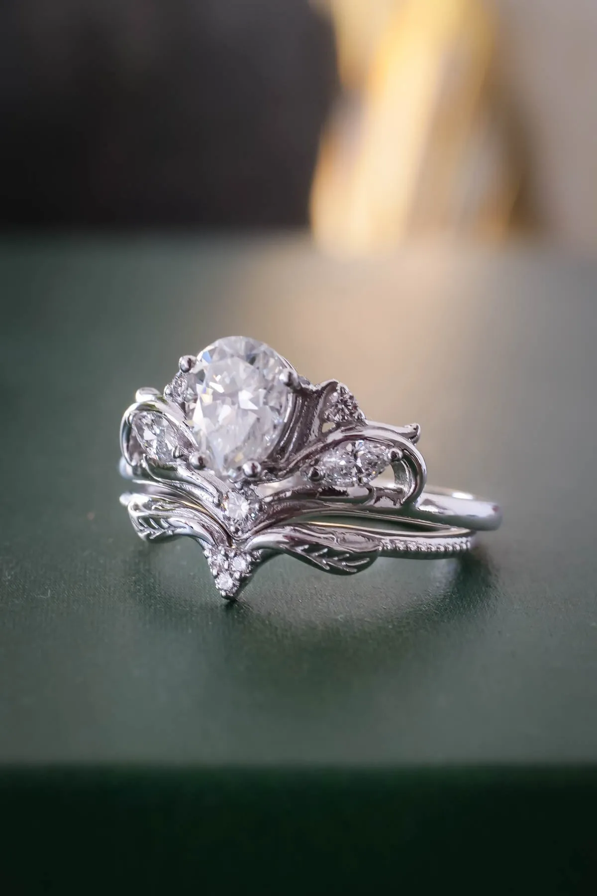 White gold engagement ring with pear cut lab grown diamond, white gold proposal ring with diamonds / Swanlake