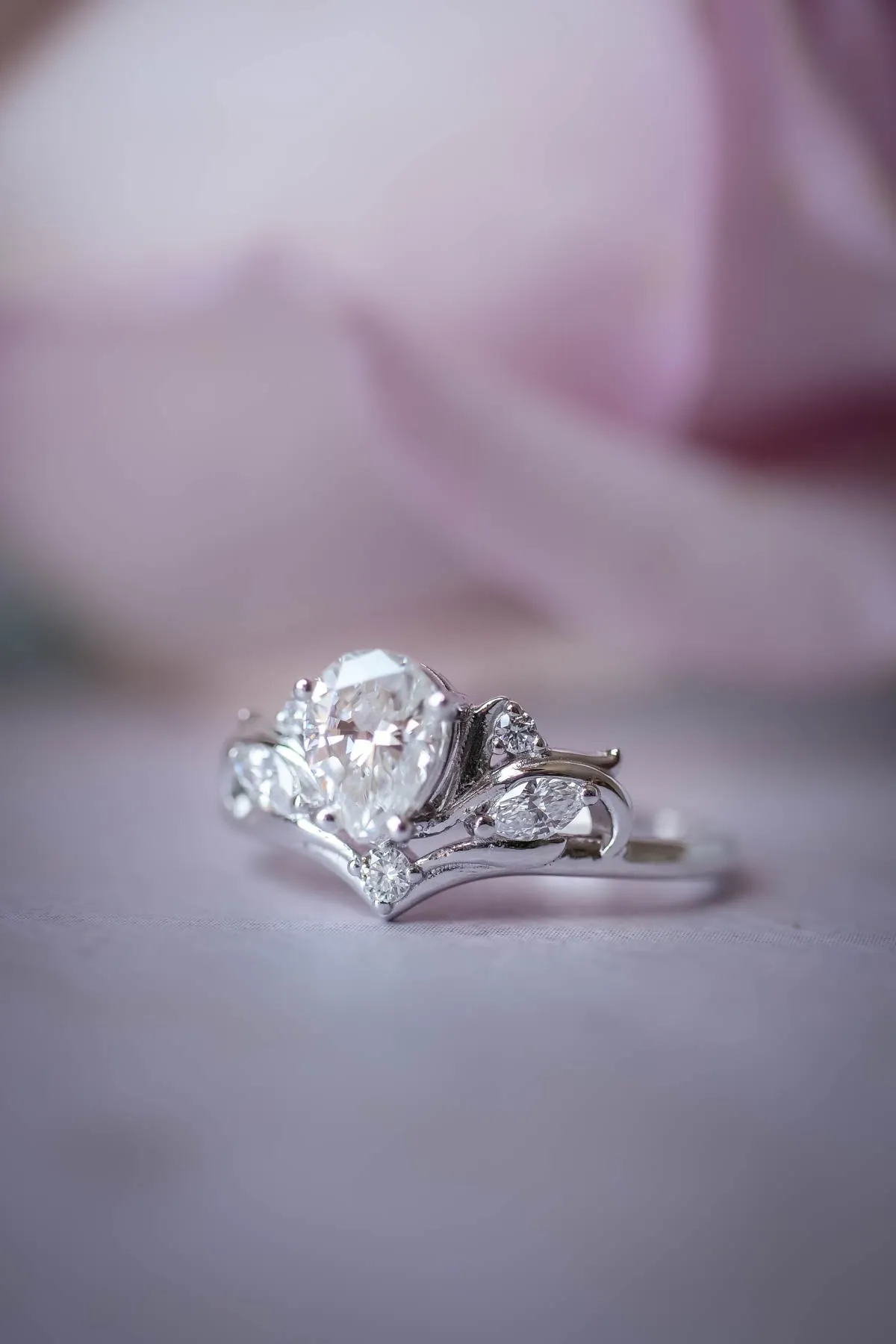 White gold engagement ring with pear cut lab grown diamond, white gold proposal ring with diamonds / Swanlake