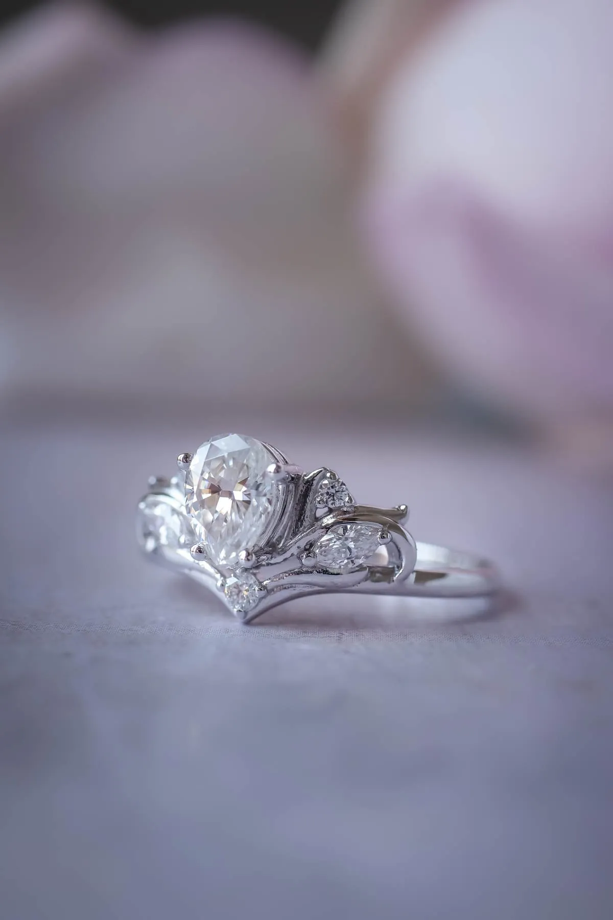 White gold engagement ring with pear cut lab grown diamond, white gold proposal ring with diamonds / Swanlake